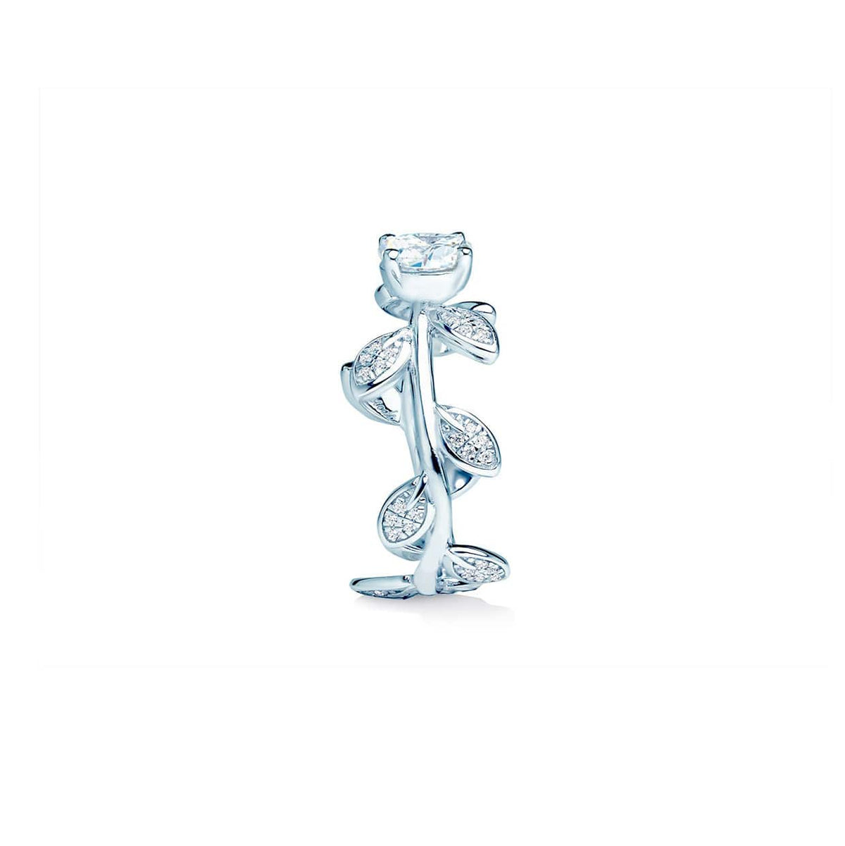 Serena forlovelsesring med rund safir og diamantblade i hvidguld